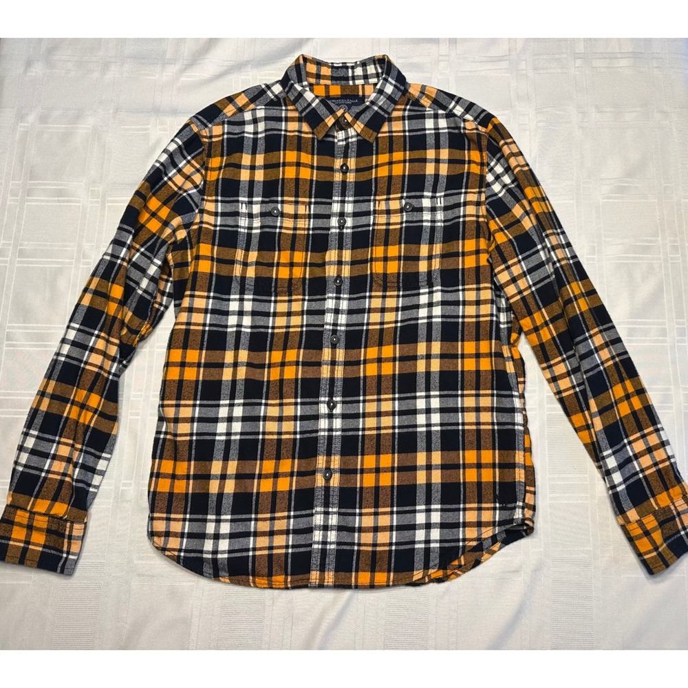 American Eagle Flannel Shirt Mens M Orange Black Plaid Prep Fit Button Down Long